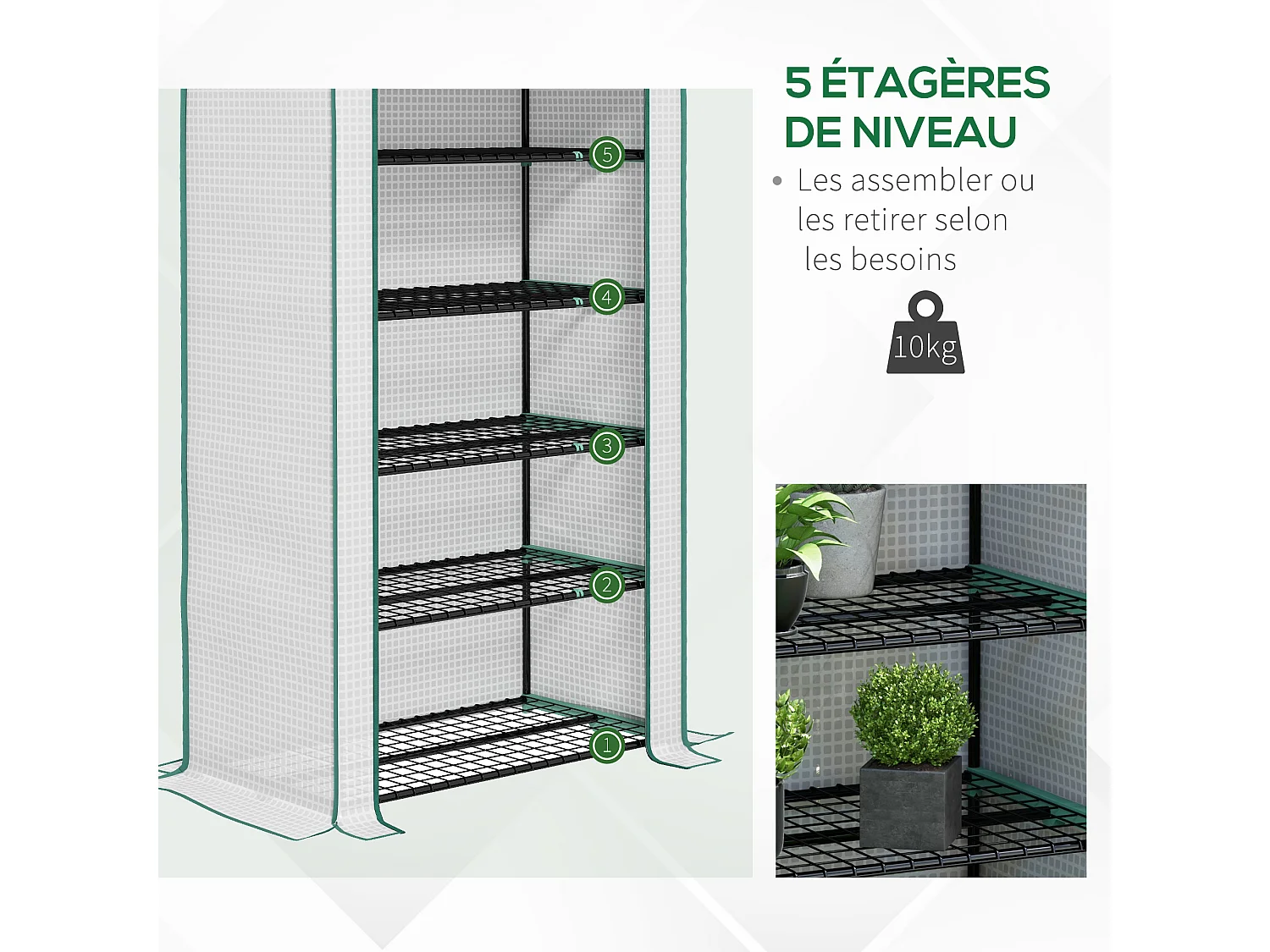 Serre de jardin balcon 5 niveaux porte acier PE blanc