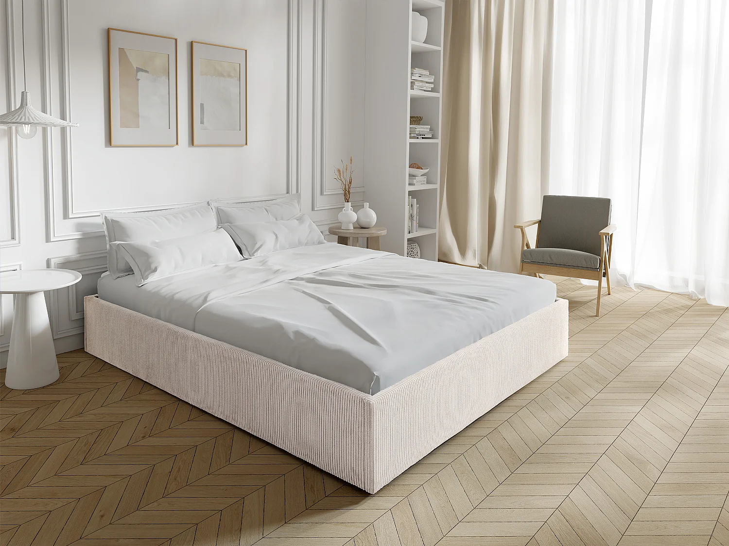 Sommier coffre 140 x 190 cm en velours côtelé - Crème - PONTOS II de YSMÉE