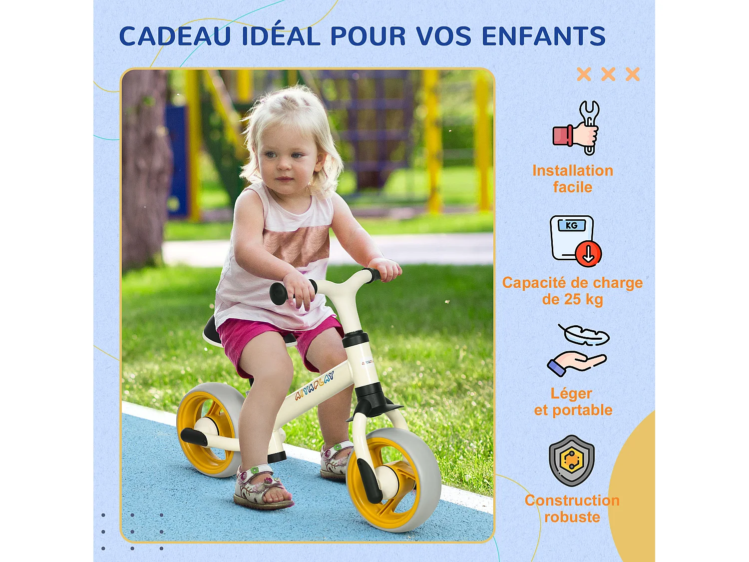 Draisienne enfant selle réglable roues EVA charge max. reco. 25 Kg acier crème