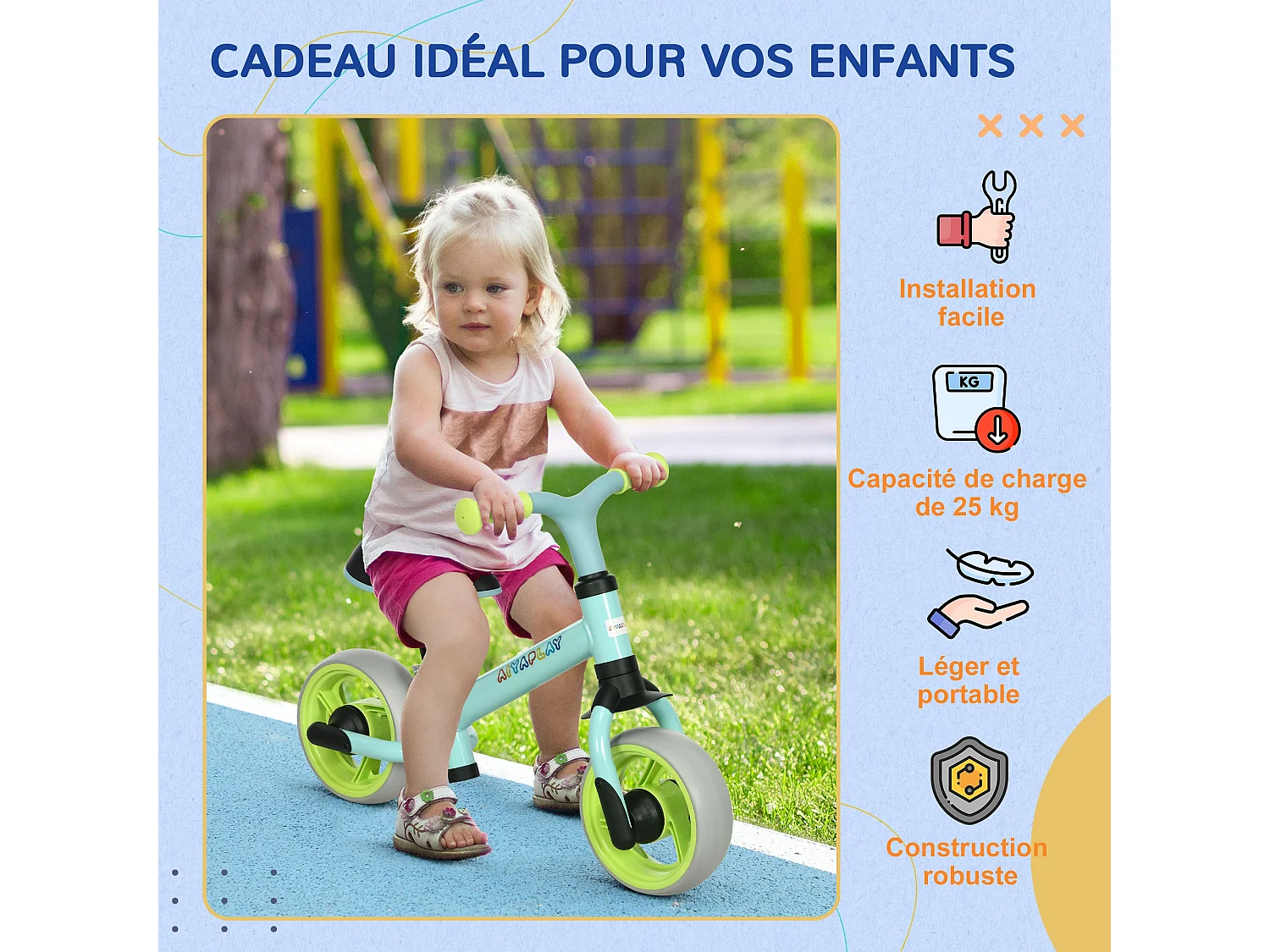 Draisienne enfant selle réglable roues EVA charge max. reco. 25 Kg acier bleu ciel