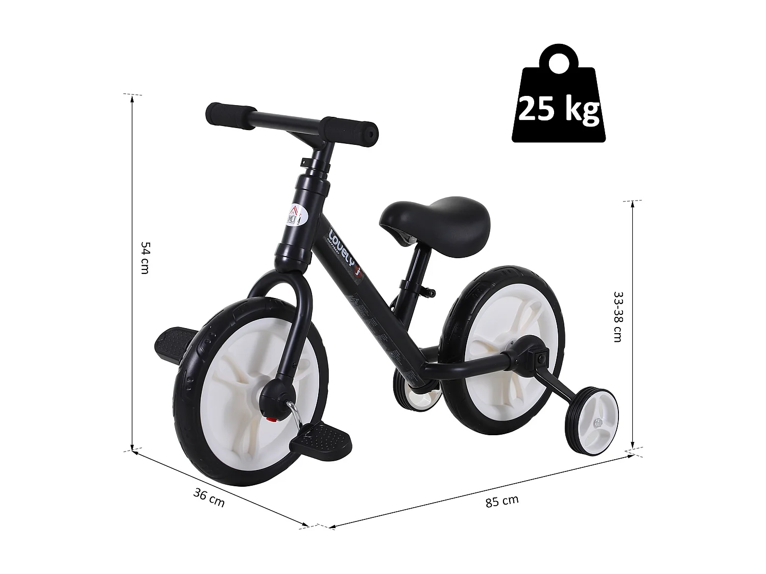 Vélo enfant draisienne 2 en 1 roulettes et pédales amovibles roues 12" hauteur selle réglable acier noir