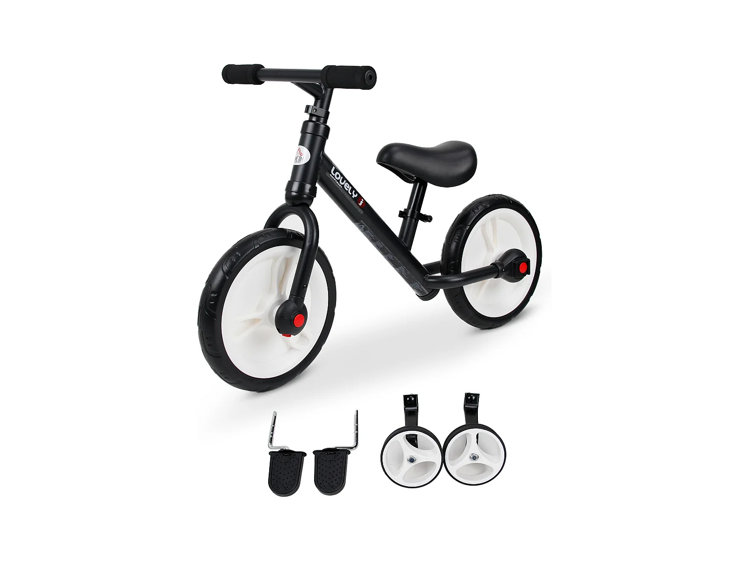 Vélo enfant draisienne 2 en 1 roulettes et pédales amovibles roues 12" hauteur selle réglable acier noir