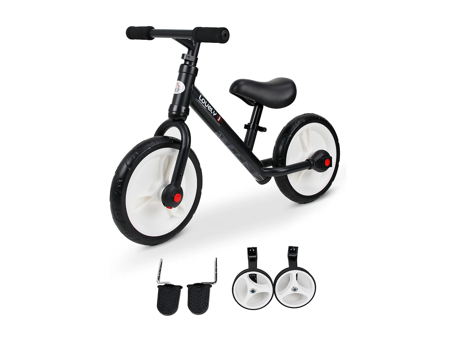 Vélo enfant draisienne 2 en 1 roulettes et pédales amovibles roues 12" hauteur selle réglable acier noir
