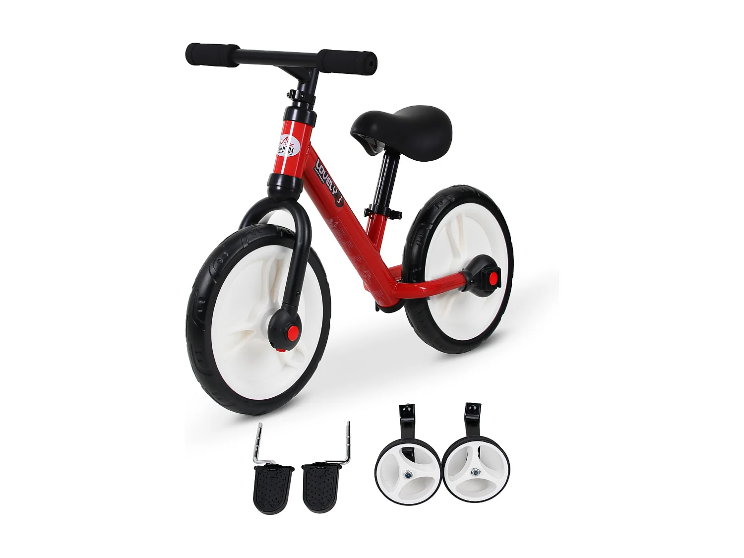 Vélo enfant draisienne 2 en 1 roulettes et pédales amovibles roues 12" hauteur selle réglable acier rouge