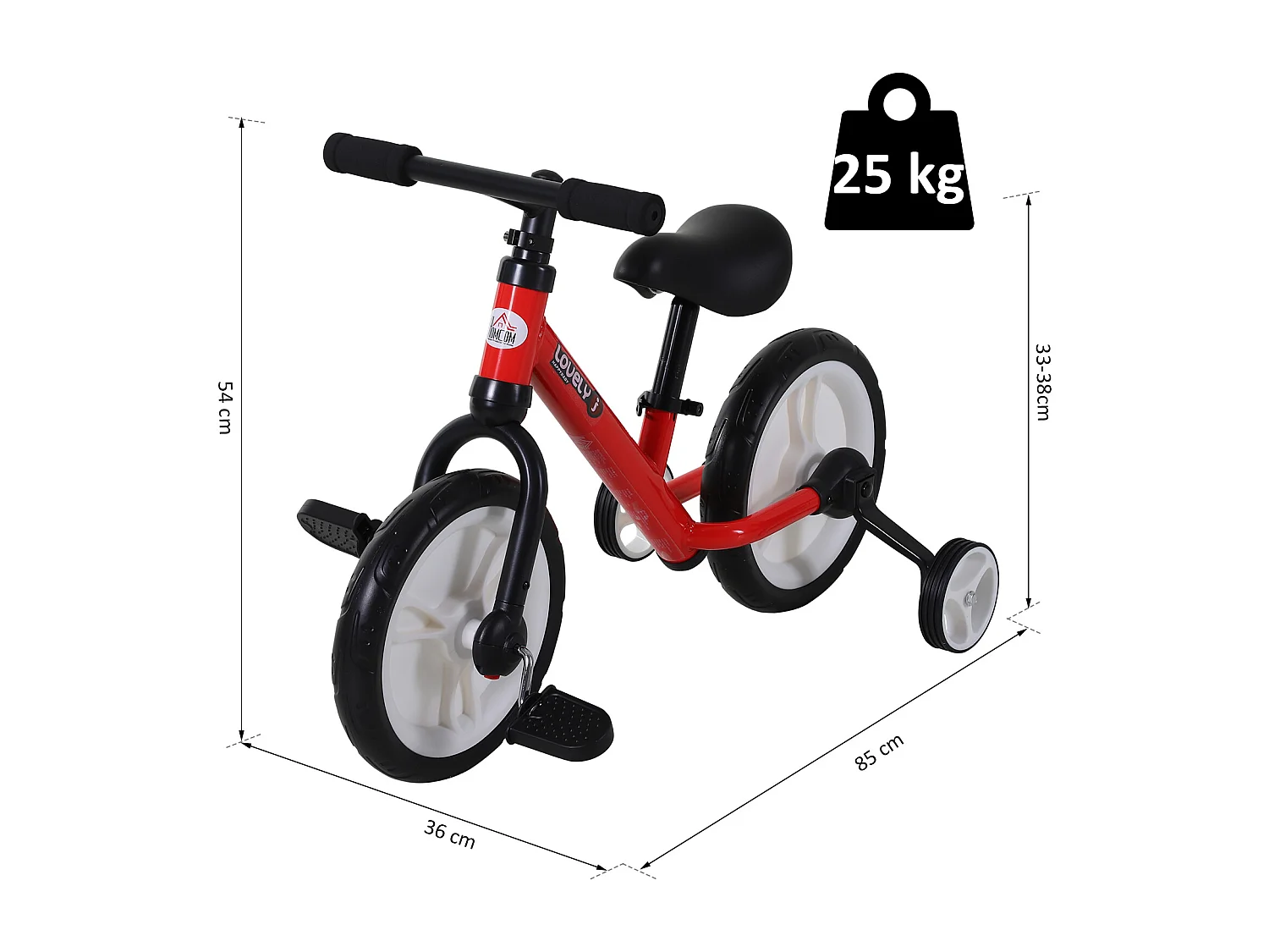 Vélo enfant draisienne 2 en 1 roulettes et pédales amovibles roues 12" hauteur selle réglable acier rouge