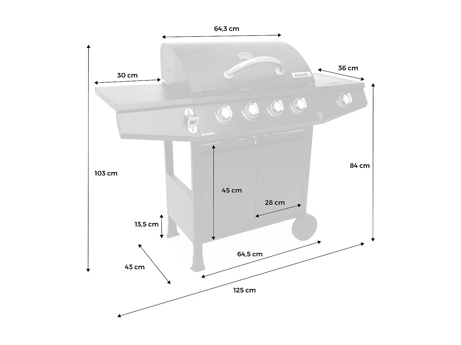Barbacoa de gas de 5 quemadores y 1 quemador lateral negro