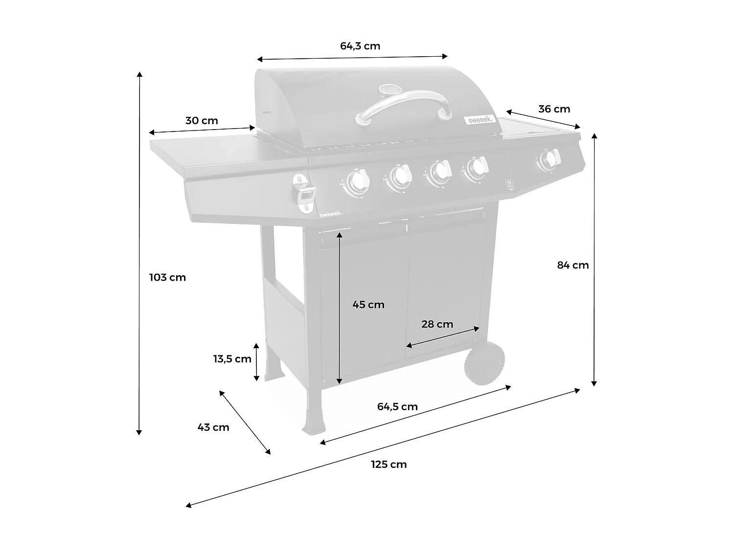 Barbacoa de gas de 5 quemadores con 1 quemador lateral negro