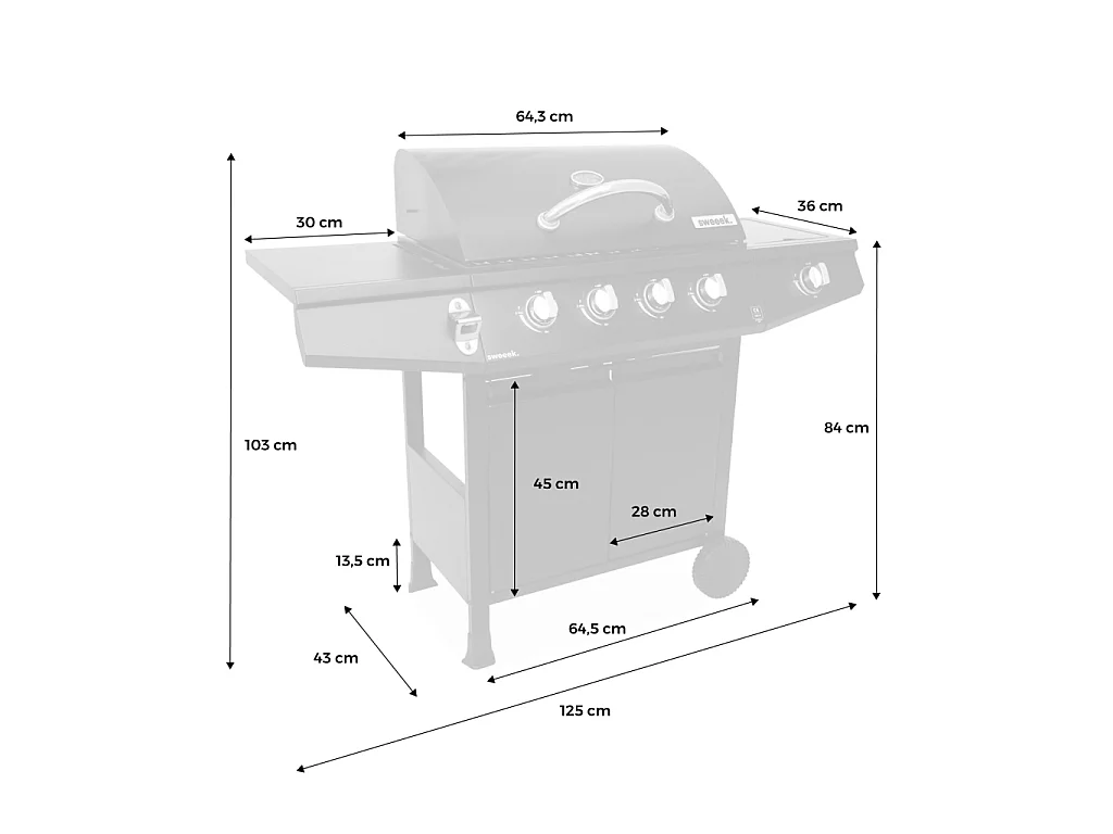 Barbacoa de gas de 5 quemadores con 1 quemador lateral, Negro