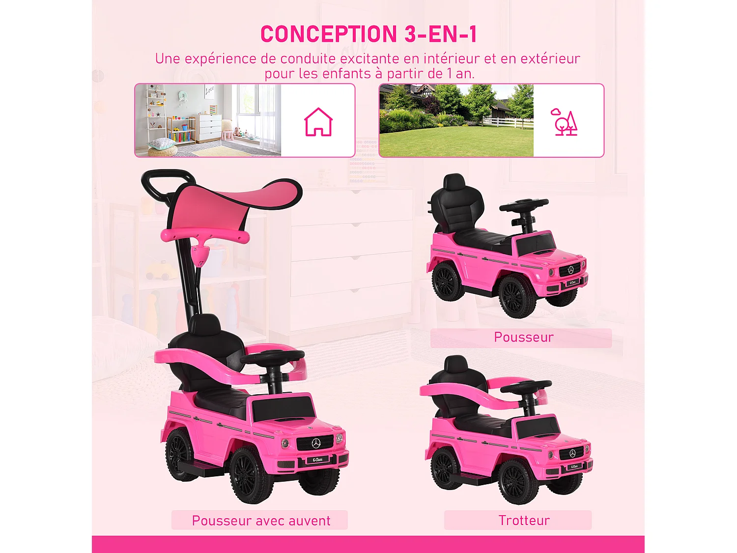 Porteur enfants voiture enfant multi-équipée 12-36 mois klaxon marche-pieds, garde-corps et ombrelle rose