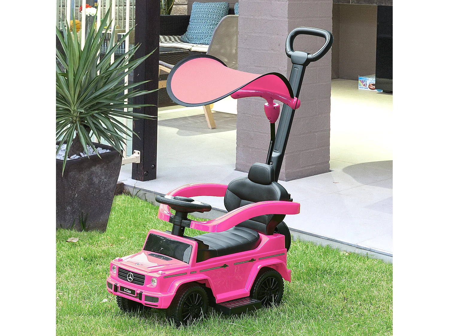 Porteur enfants voiture enfant multi-équipée 12-36 mois klaxon marche-pieds, garde-corps et ombrelle rose