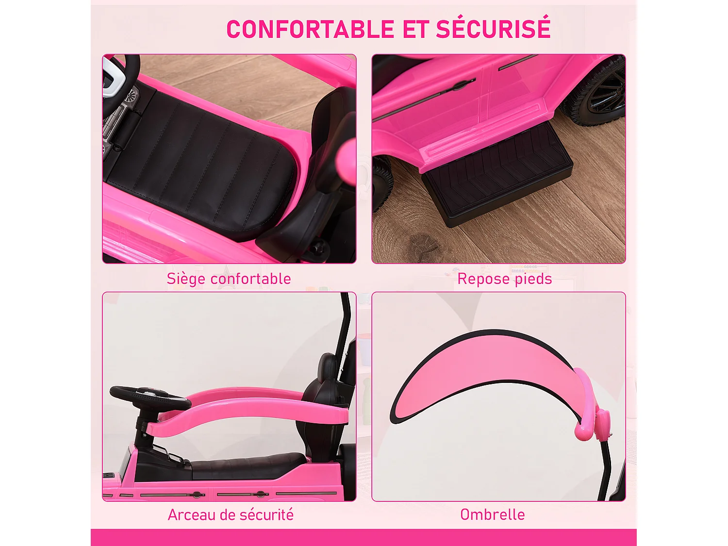 Porteur enfants voiture enfant multi-équipée 12-36 mois klaxon marche-pieds, garde-corps et ombrelle rose