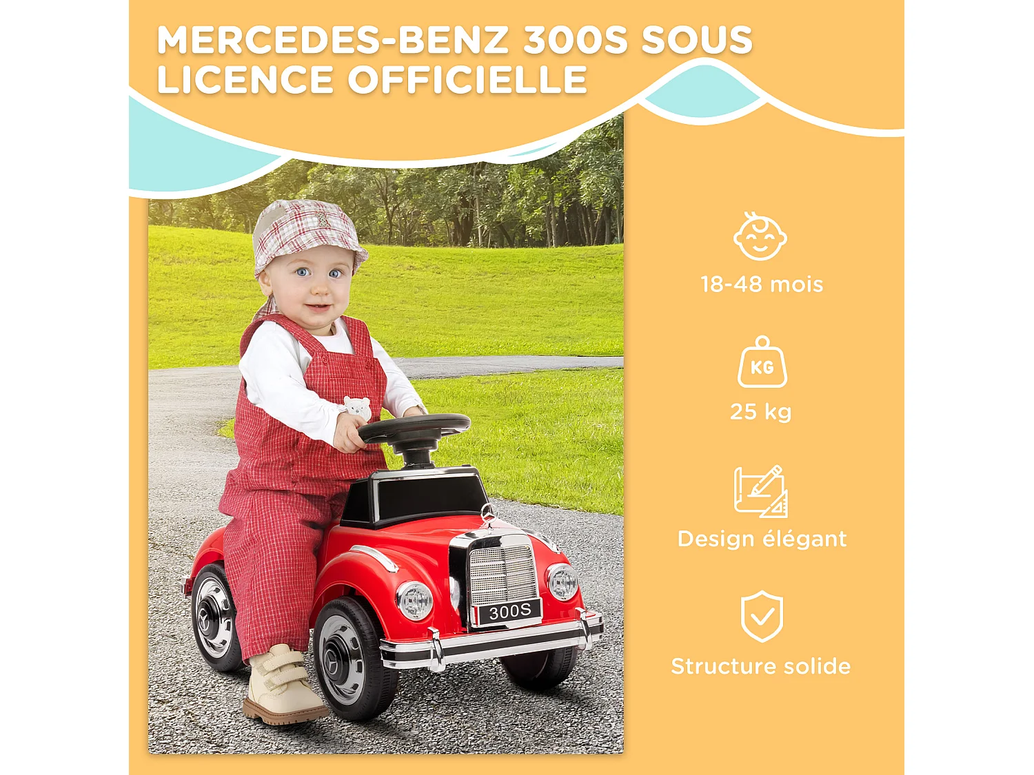 Porteur enfant voiture licence Mercedes-Benz 300S coffre butée arrière anti-basculement rouge