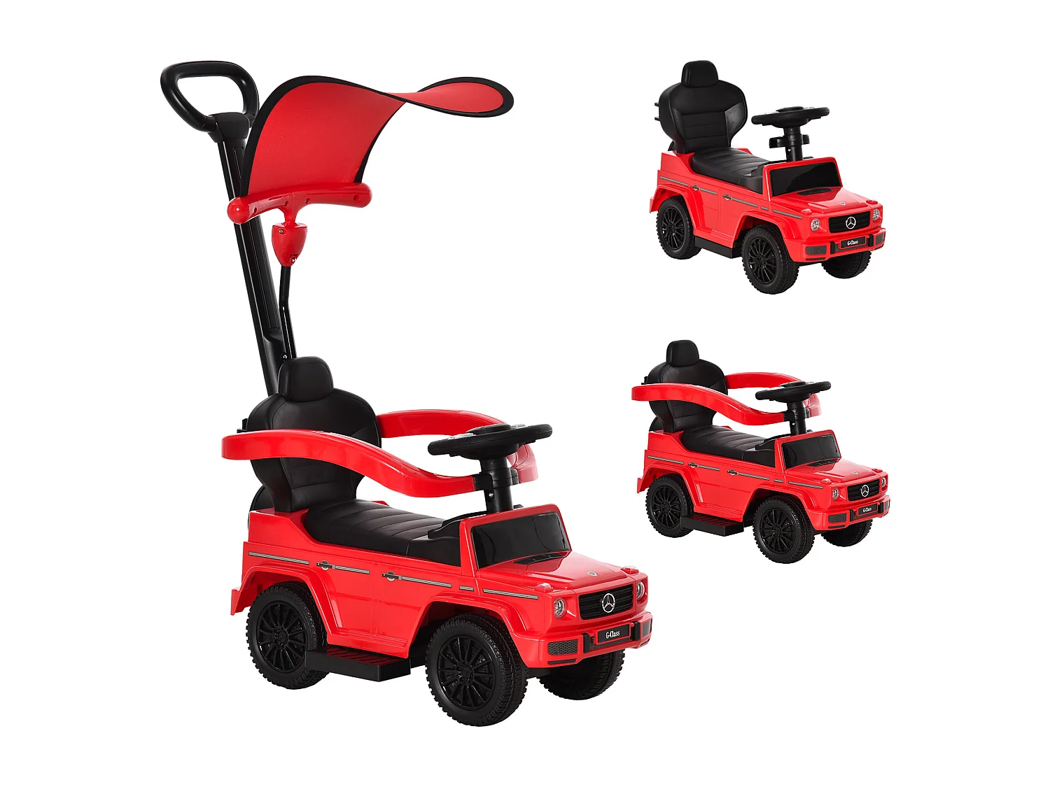 Porteur enfants voiture enfant multi-équipée 12-36 mois klaxon marche-pieds, garde-corps et ombrelle rouge