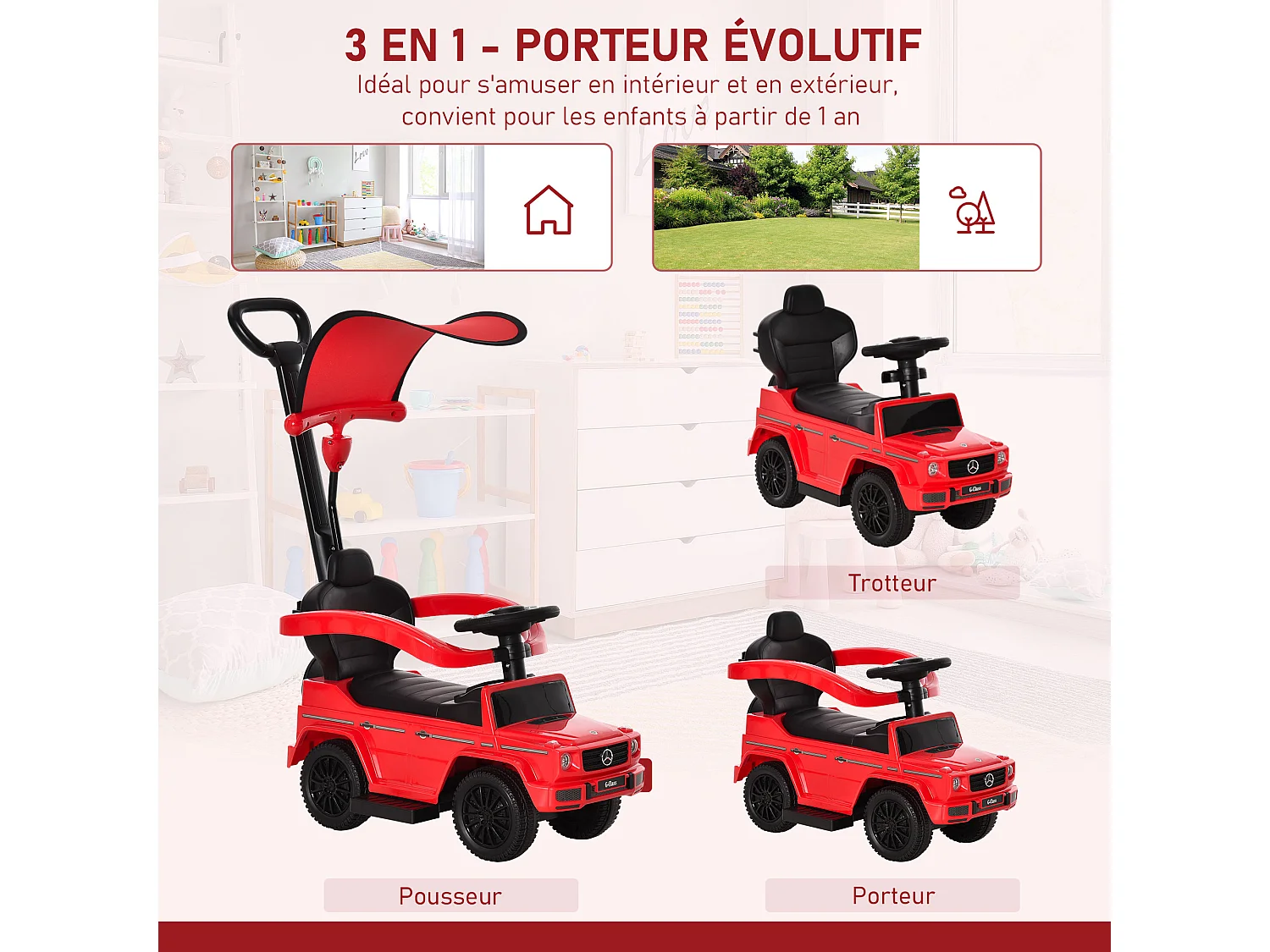Porteur enfants voiture enfant multi-équipée 12-36 mois klaxon marche-pieds, garde-corps et ombrelle rouge