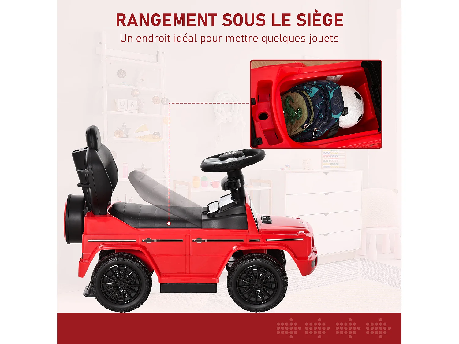 Porteur enfants voiture enfant multi-équipée 12-36 mois klaxon marche-pieds, garde-corps et ombrelle rouge