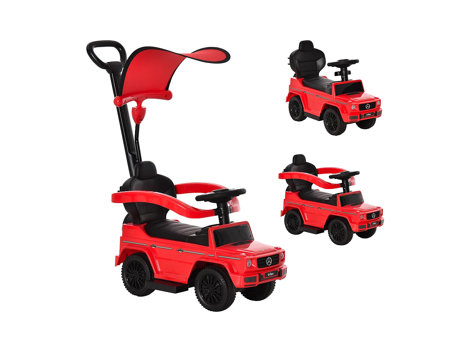 Porteur enfants voiture enfant multi-équipée 12-36 mois klaxon marche-pieds, garde-corps et ombrelle rouge