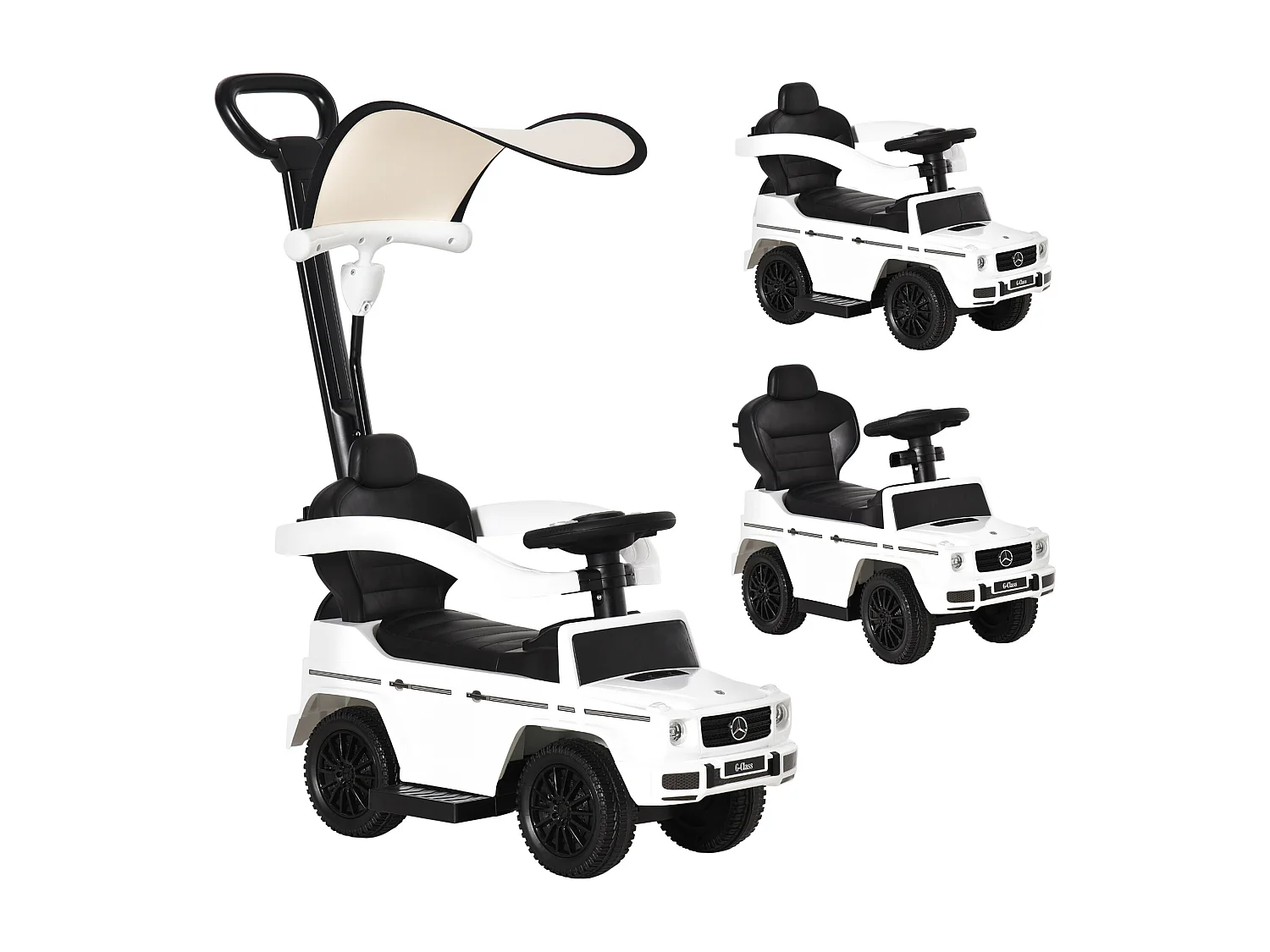 Porteur enfants voiture enfant multi-équipée 12-36 mois klaxon marche-pieds, garde-corps et ombrelle blanc