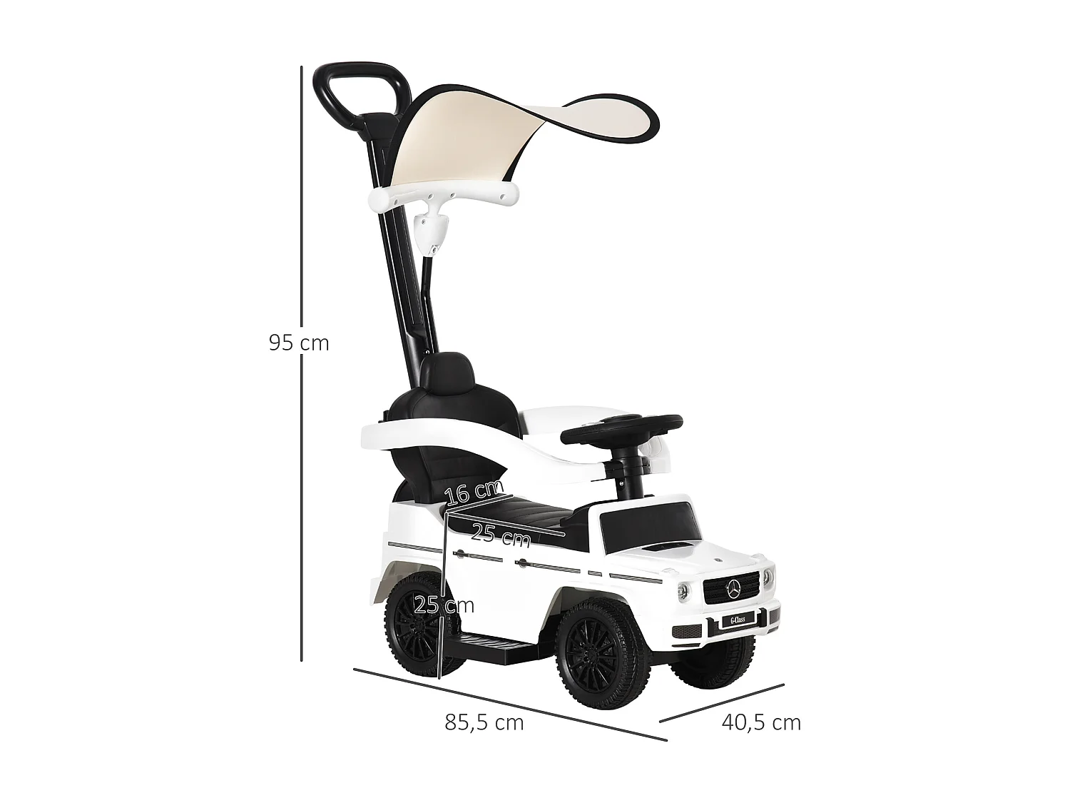 Porteur enfants voiture enfant multi-équipée 12-36 mois klaxon marche-pieds, garde-corps et ombrelle blanc