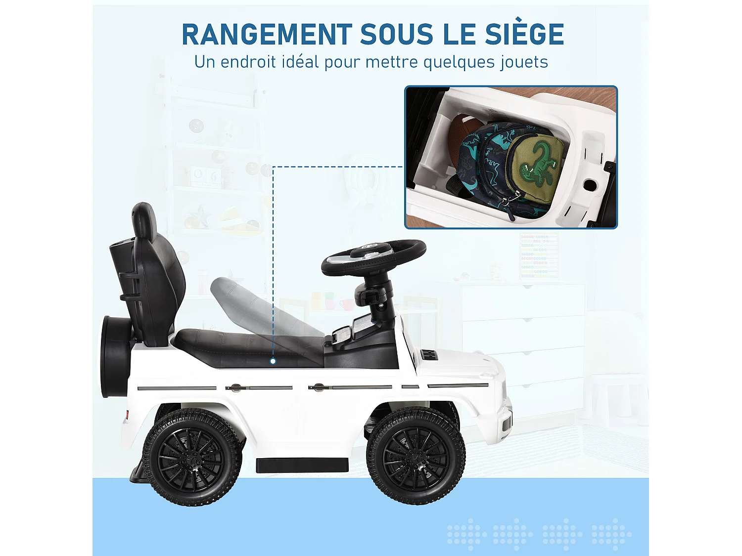 Porteur enfants voiture enfant multi-équipée 12-36 mois klaxon marche-pieds, garde-corps et ombrelle blanc