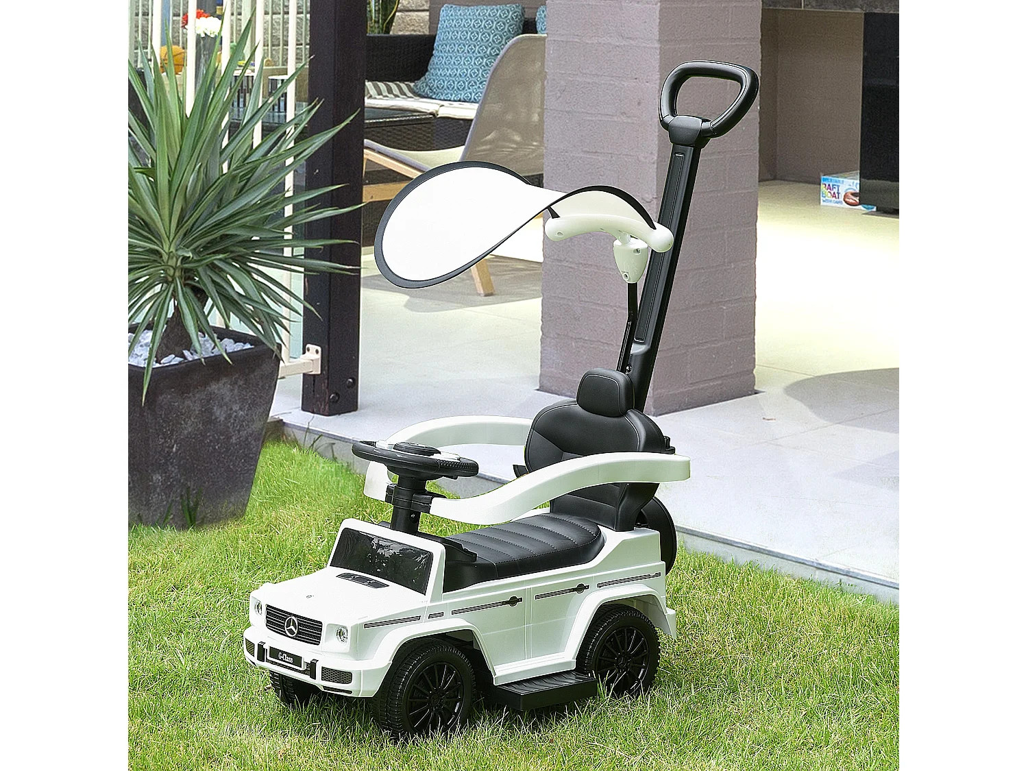 Porteur enfants voiture enfant multi-équipée 12-36 mois klaxon marche-pieds, garde-corps et ombrelle blanc