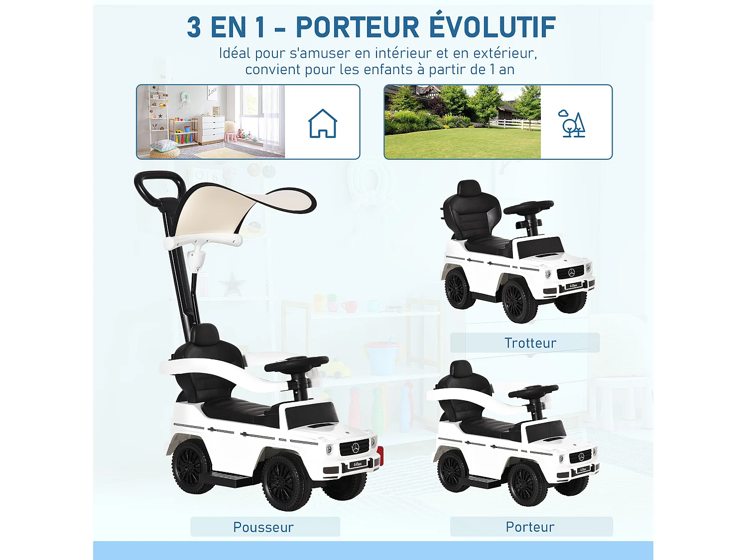 Porteur enfants voiture enfant multi-équipée 12-36 mois klaxon marche-pieds, garde-corps et ombrelle blanc