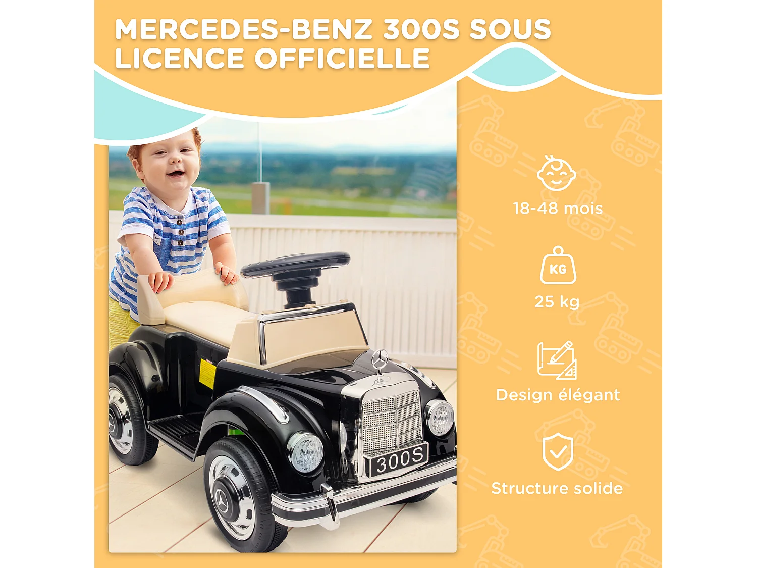 Porteur enfant voiture licence Mercedes-Benz 300S coffre butée arrière anti-basculement noir