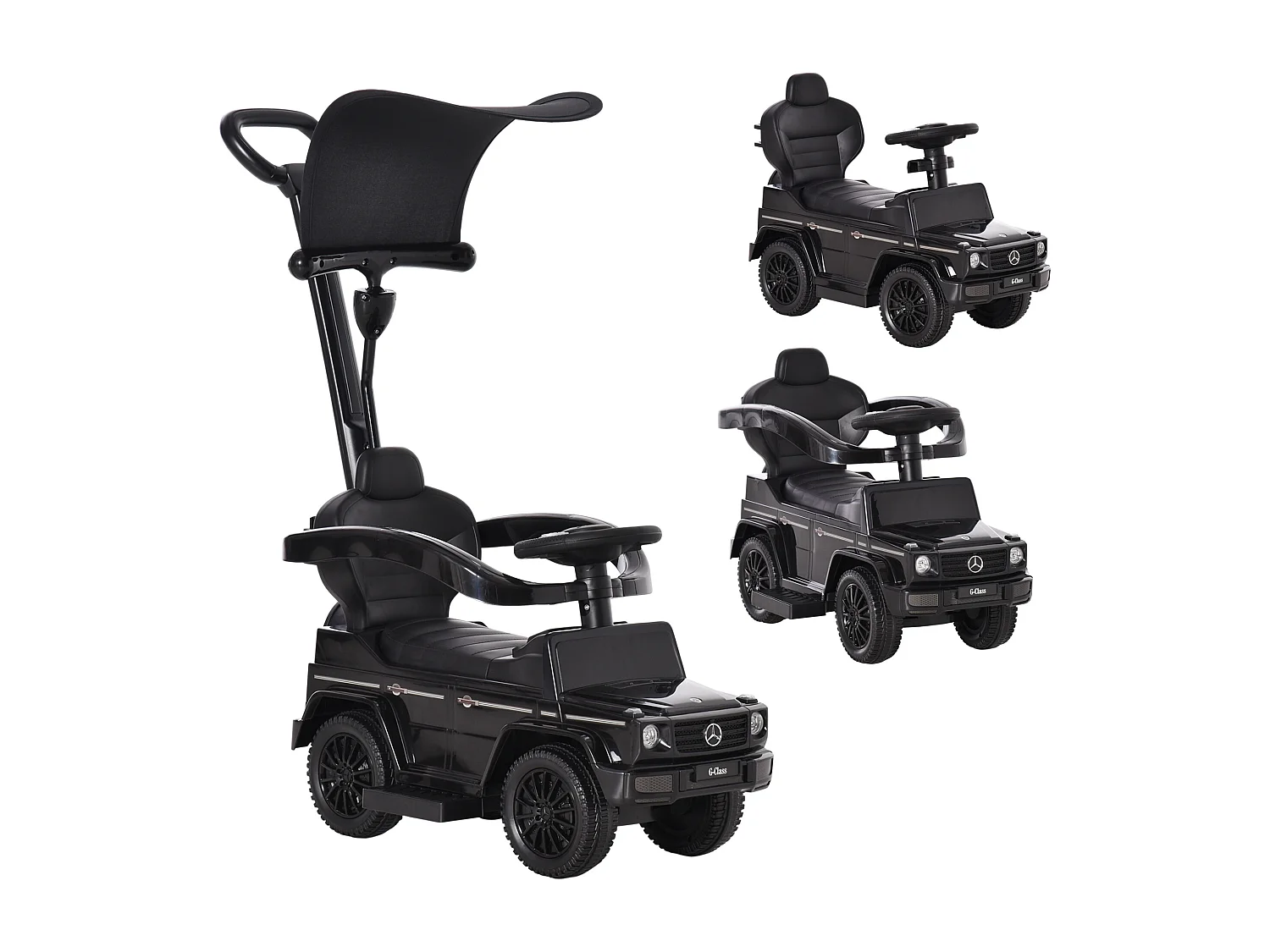 Porteur enfants voiture enfant multi-équipée 12-36 mois klaxon marche-pieds, garde-corps et ombrelle noir