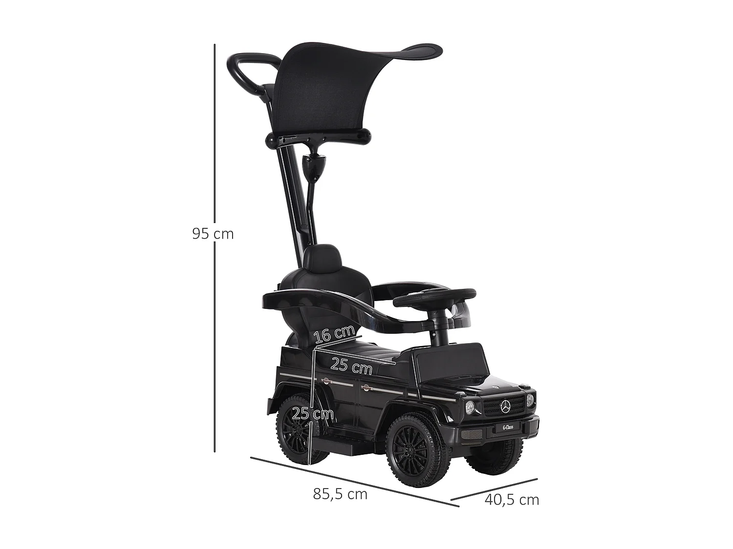 Porteur enfants voiture enfant multi-équipée 12-36 mois klaxon marche-pieds, garde-corps et ombrelle noir