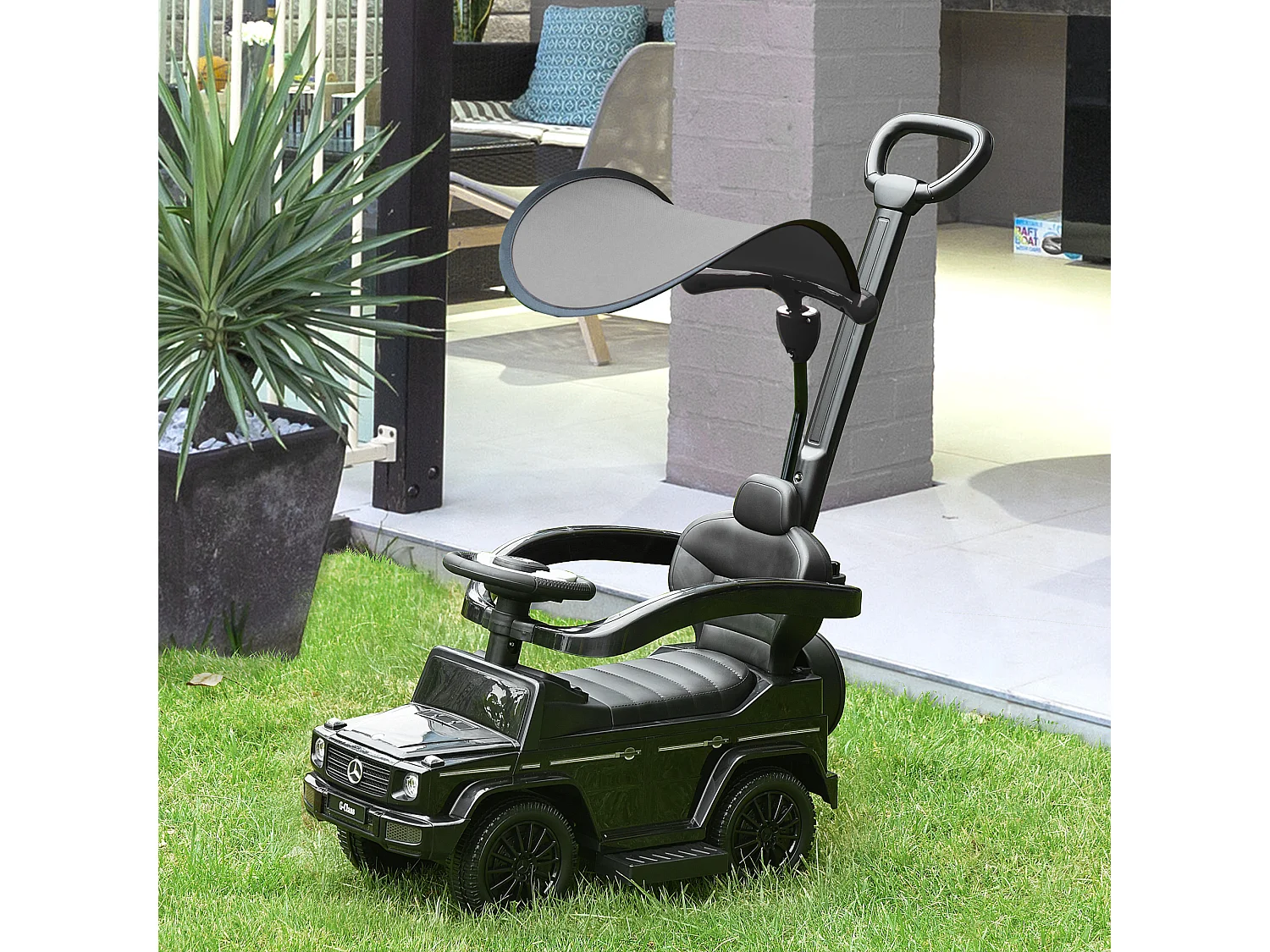 Porteur enfants voiture enfant multi-équipée 12-36 mois klaxon marche-pieds, garde-corps et ombrelle noir