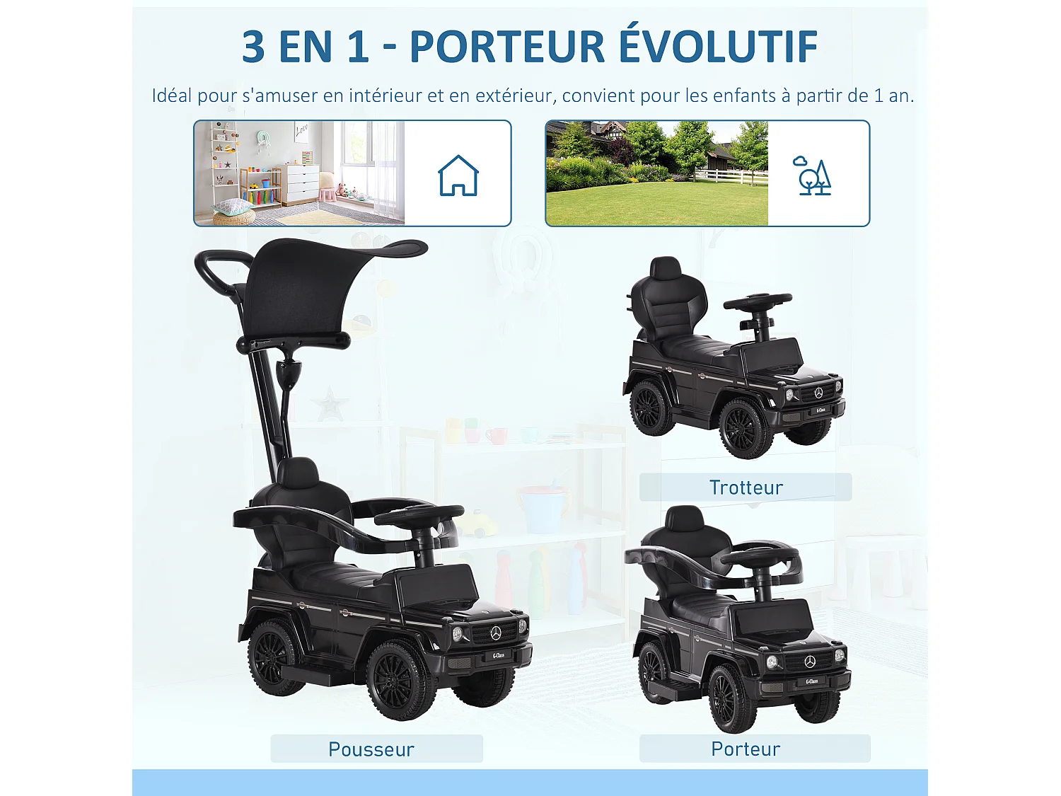 Porteur enfants voiture enfant multi-équipée 12-36 mois klaxon marche-pieds, garde-corps et ombrelle noir