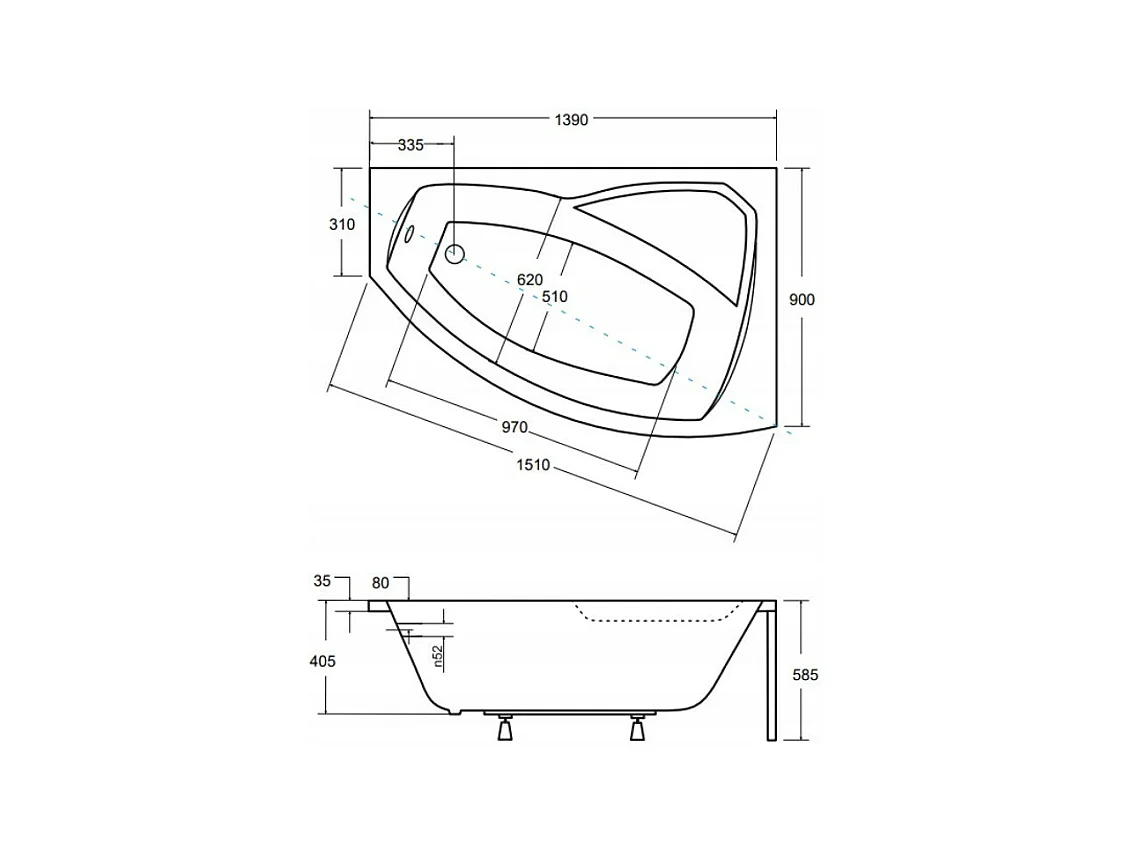 Baignoire d'angle droit RIMA 130-140-150-160-170 cm avec tablier NOIR - Dimensions: 140cm