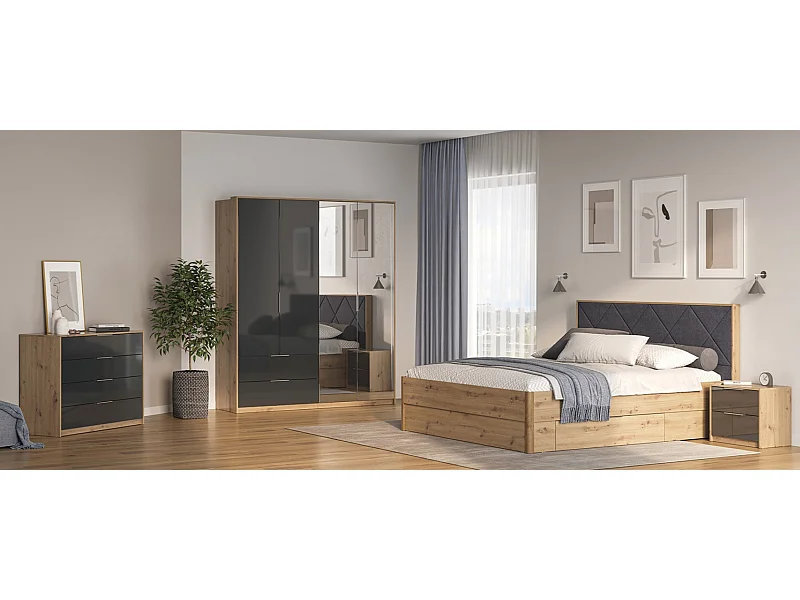 Chambre RAY anthracite et chêne - SANS ARMOIRE