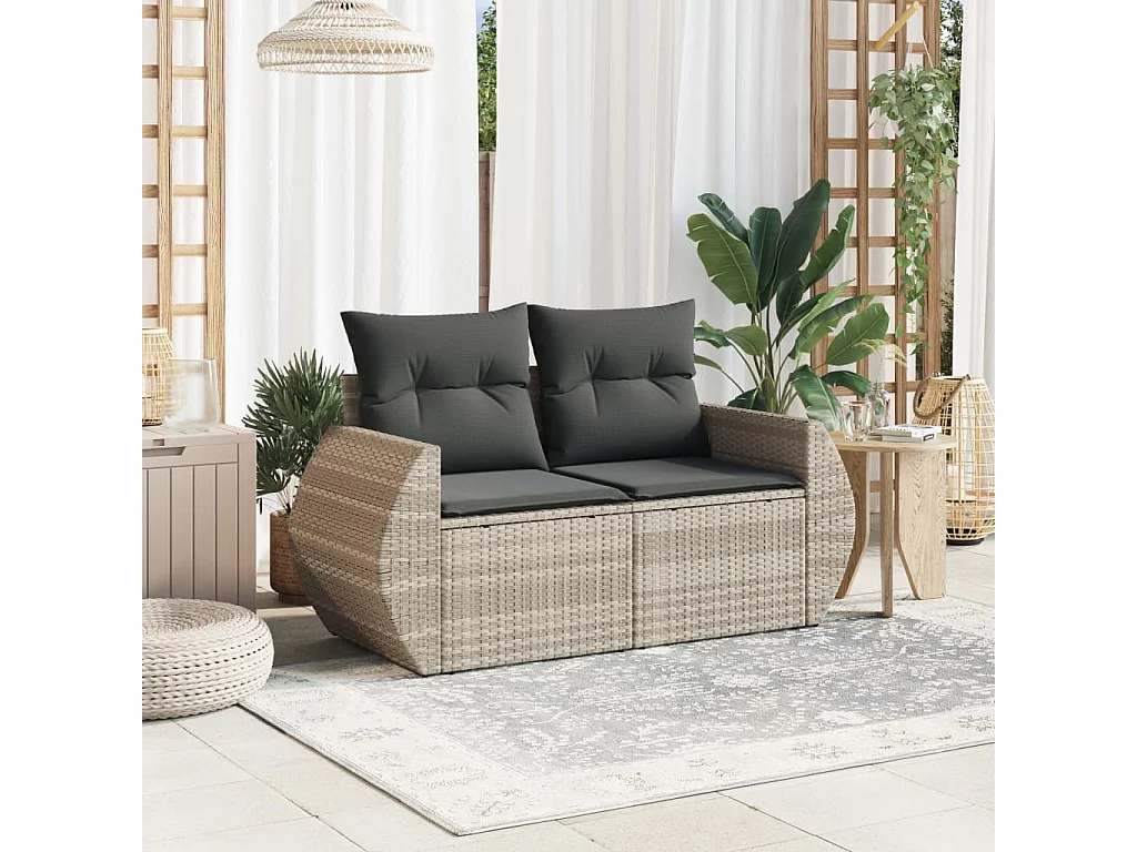 Canapé de jardin 2 places et coussins gris clair résine tressée