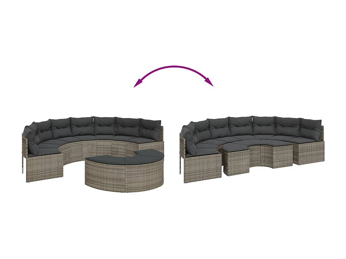 Salon de jardin 2 pcs demi-rond gris résine tressée