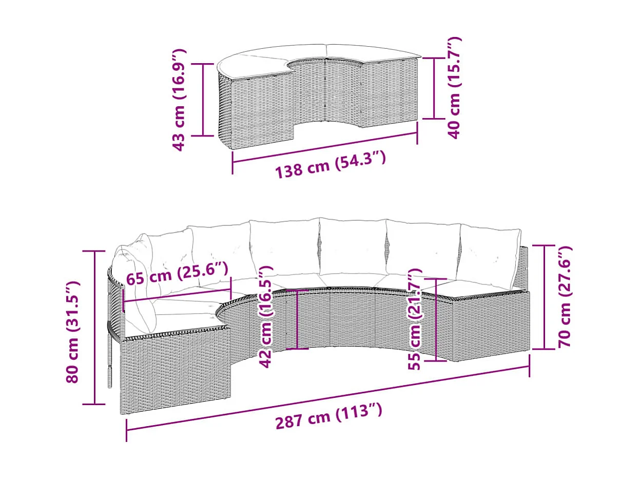 Salon de jardin 2 pcs demi-rond gris résine tressée