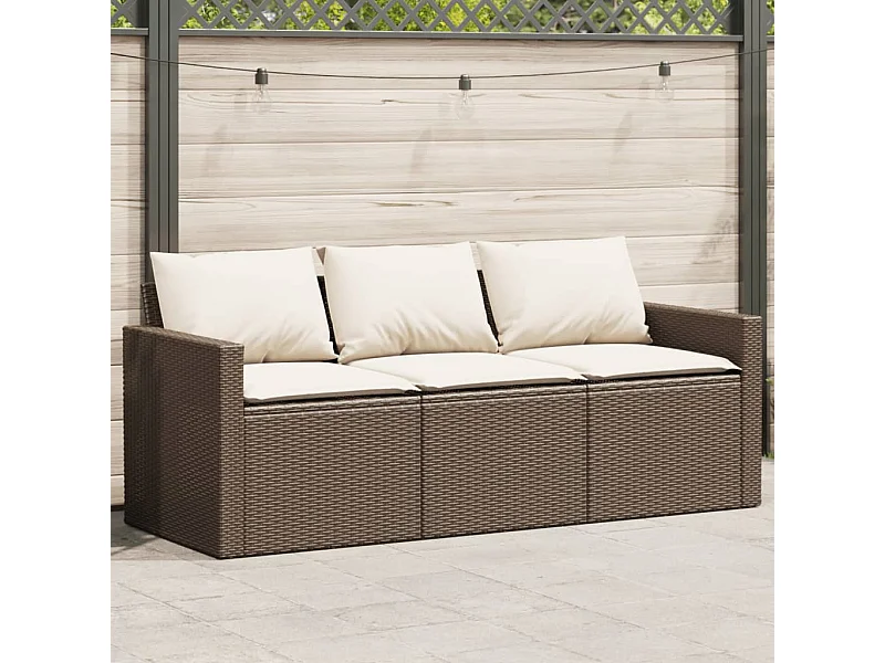 Divano da giardino con cuscini a 3 posti in resina intrecciata marrone