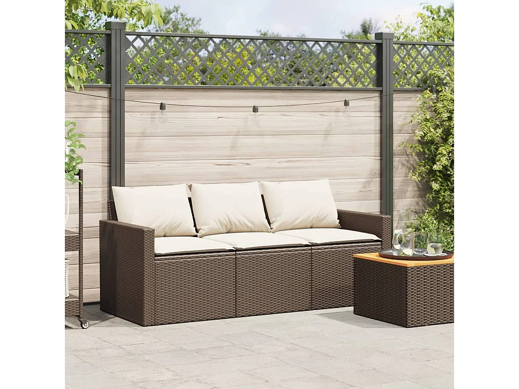 Canapé de jardin avec coussins 3 places brun résine tressée