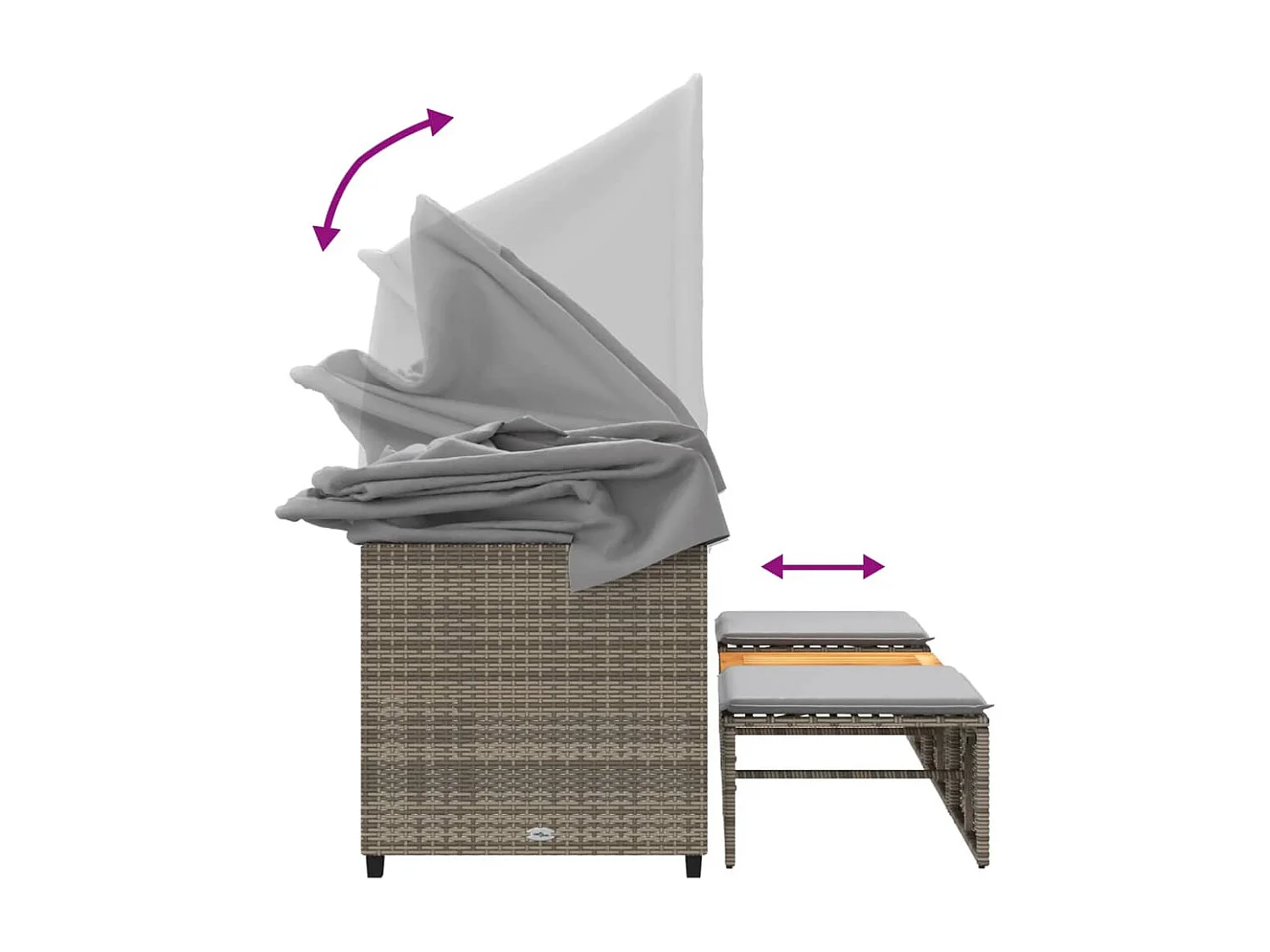 Canapé de jardin 3 places avec auvent et tabourets gris rotin