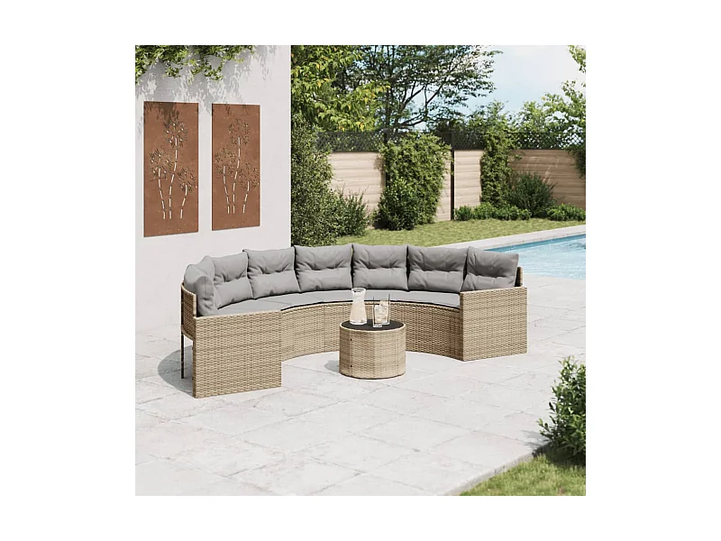 Canapé de jardin table coussins demi-rond beige résine tressée