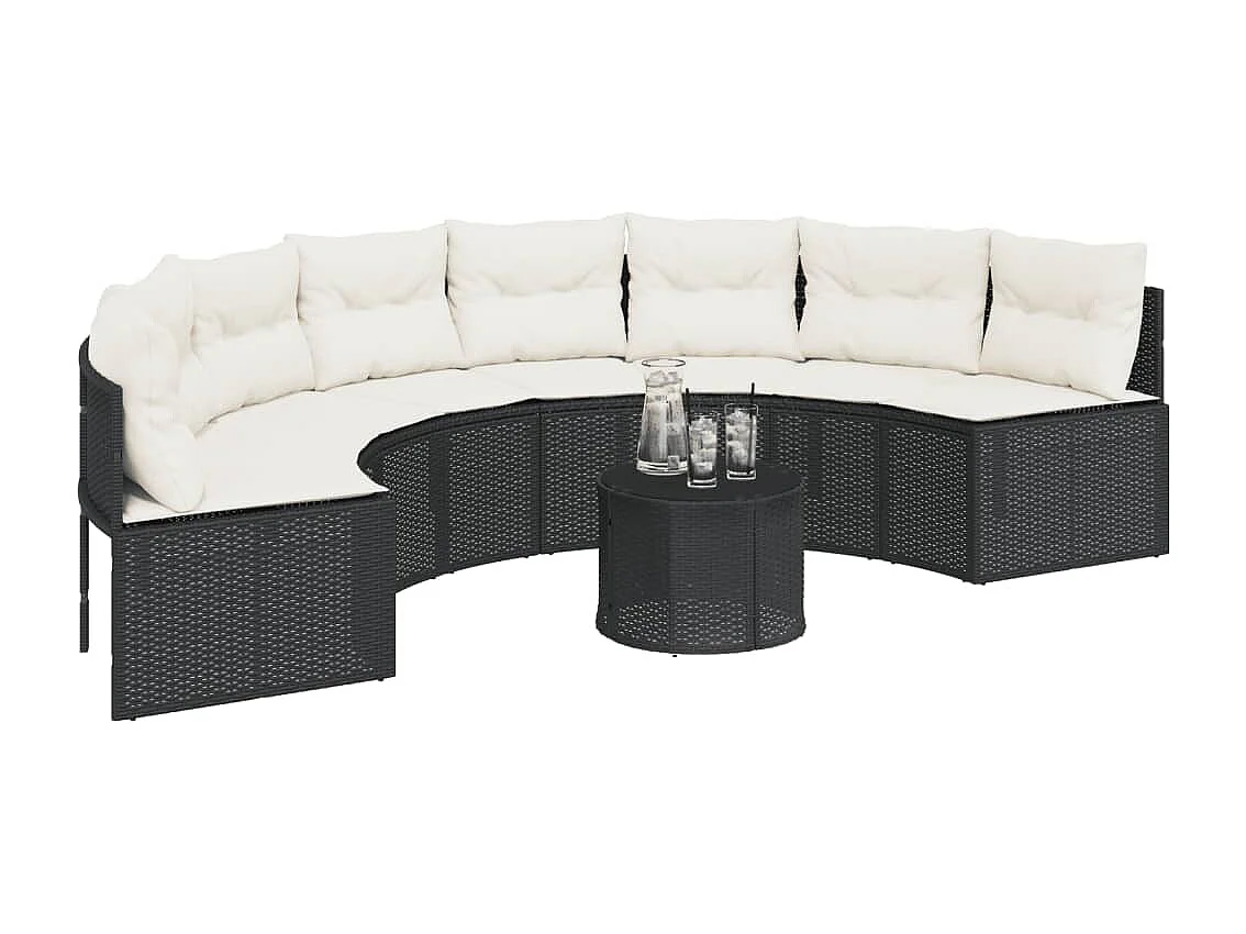 Divano da giardino con cuscini semicircolari neri in resina intrecciata