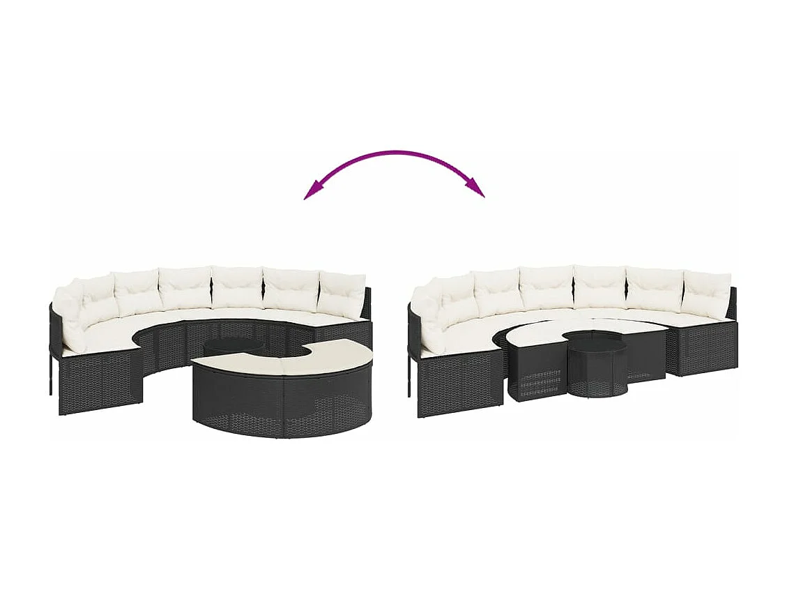 Mobili da giardino 3 pezzi semicircolari in resina intrecciata nera