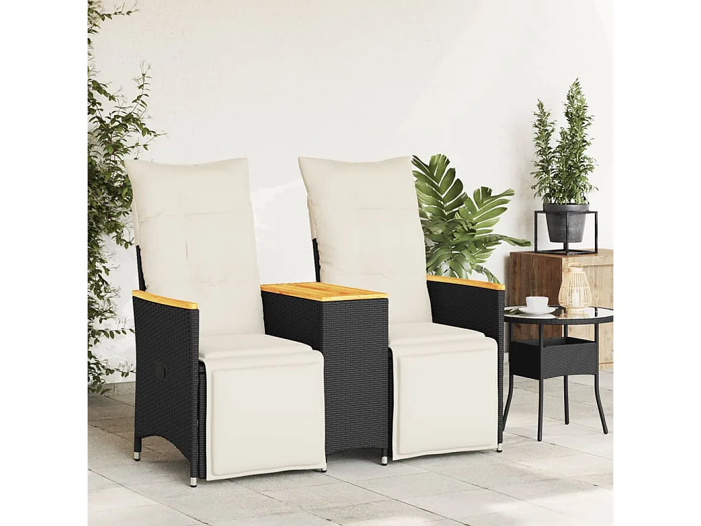 Canapé de jardin inclinable 2 places avec table noir poly rotin
