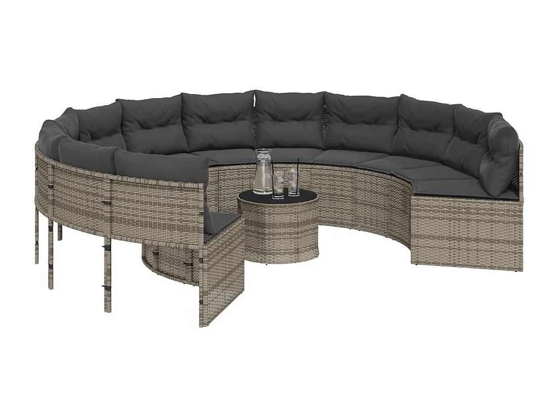 Sofá de jardim com mesa redonda de almofadas de resina tecida cinza