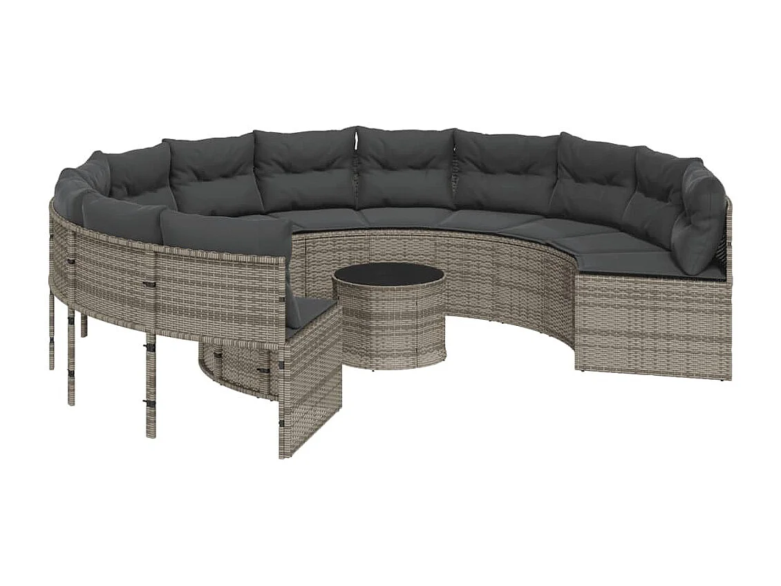 Canapé de jardin avec table coussins rond gris résine tressée