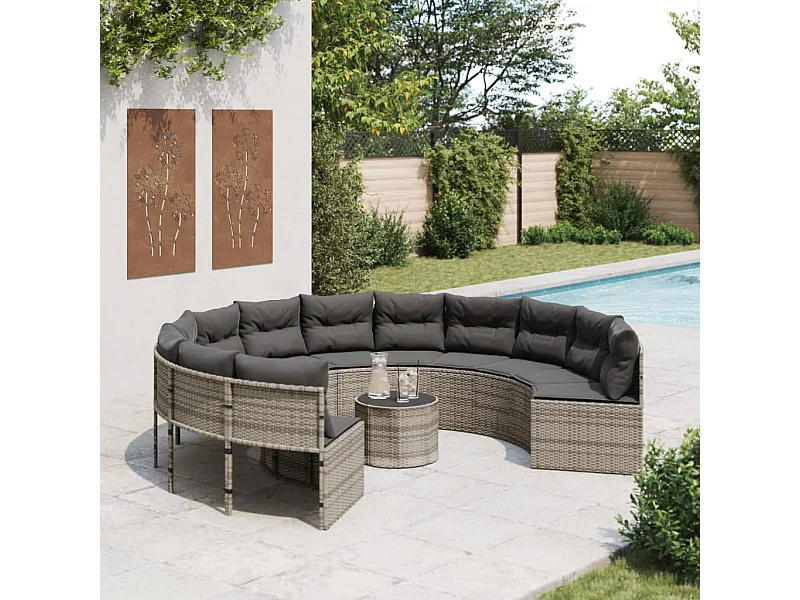 Divano da giardino con tavolo rotondo con cuscini in resina intrecciata grigia