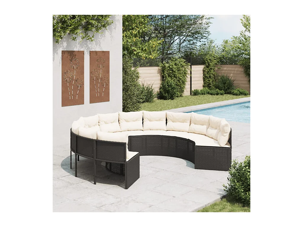 Canapé de jardin avec coussins rond noir résine tressée
