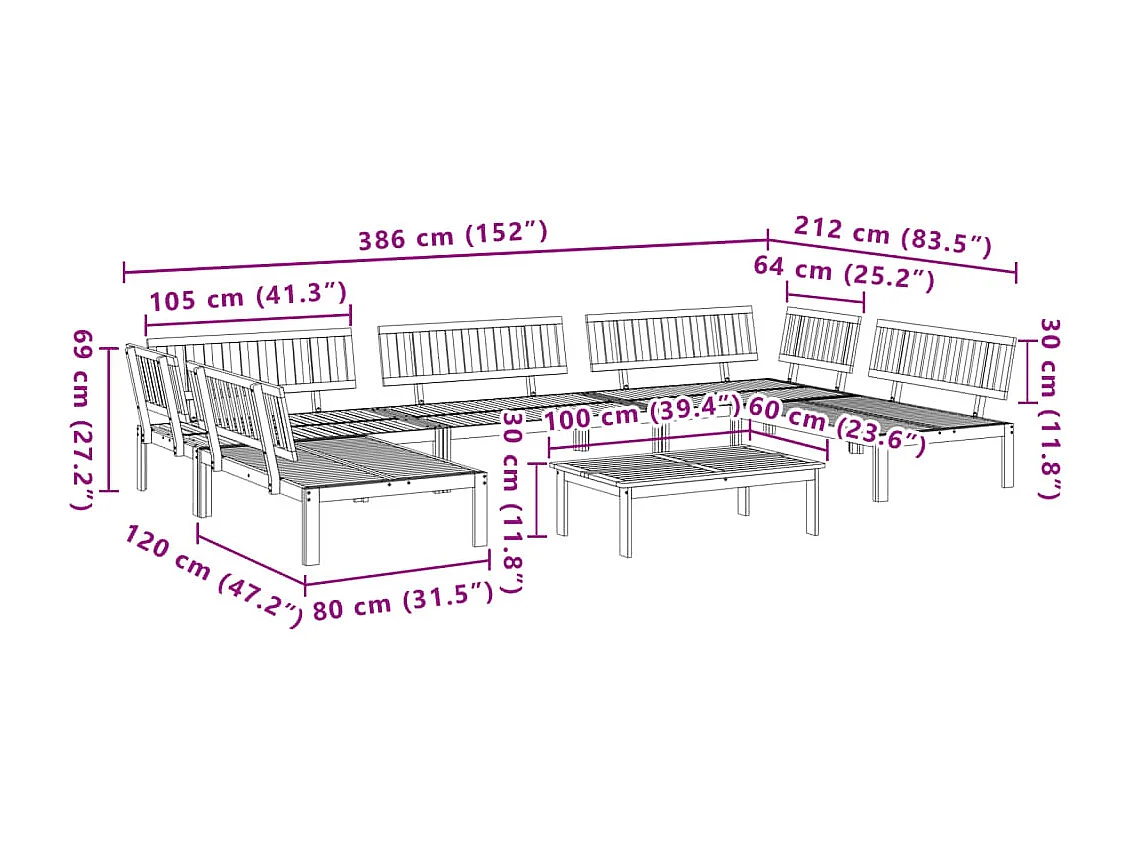 Salotto da giardino per pallet, 6 pezzi, in legno massello di acacia