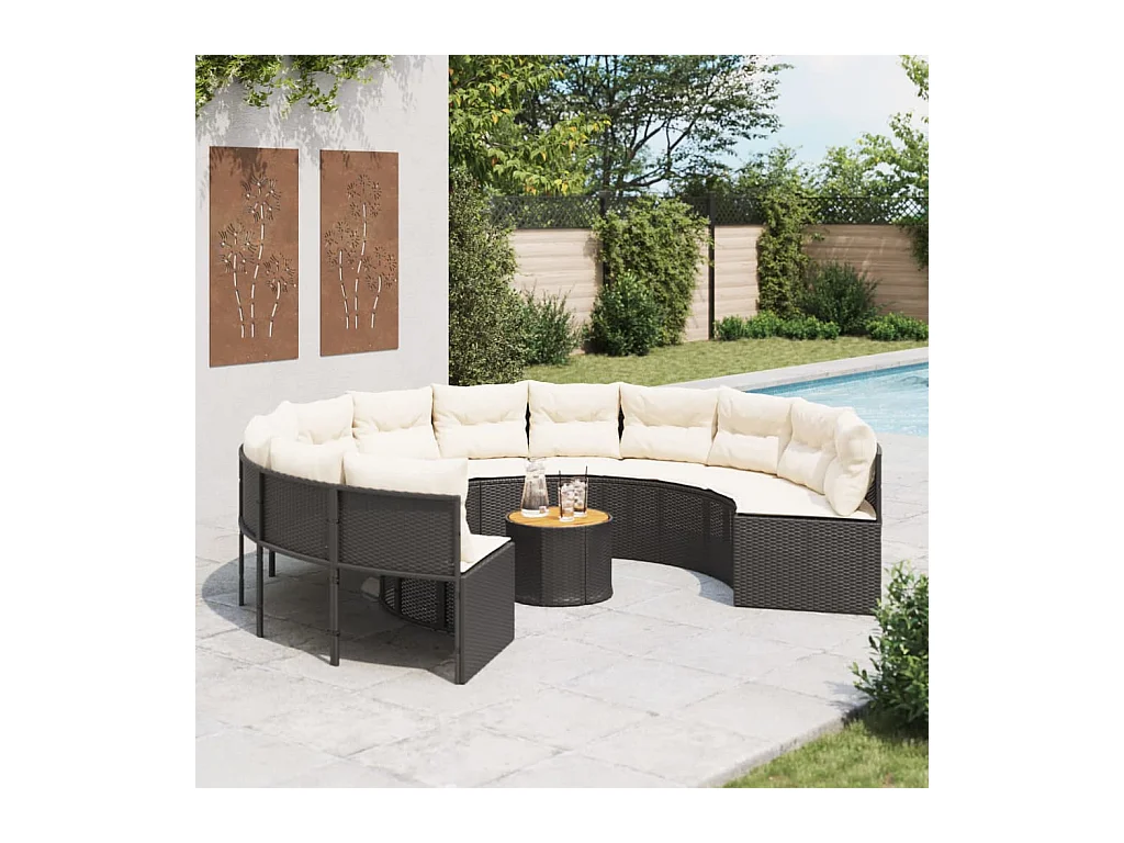Canapé de jardin avec table coussins rond noir résine tressée