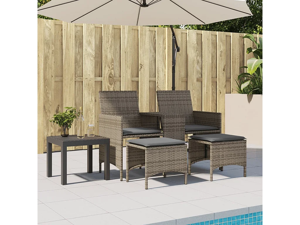 Canapé de jardin 2 places avec table et tabourets gris rotin