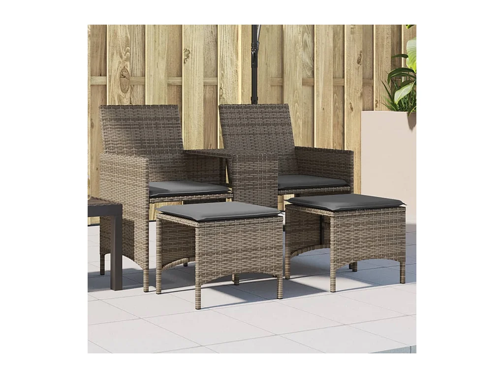 Canapé de jardin 2 places avec table et tabourets gris rotin